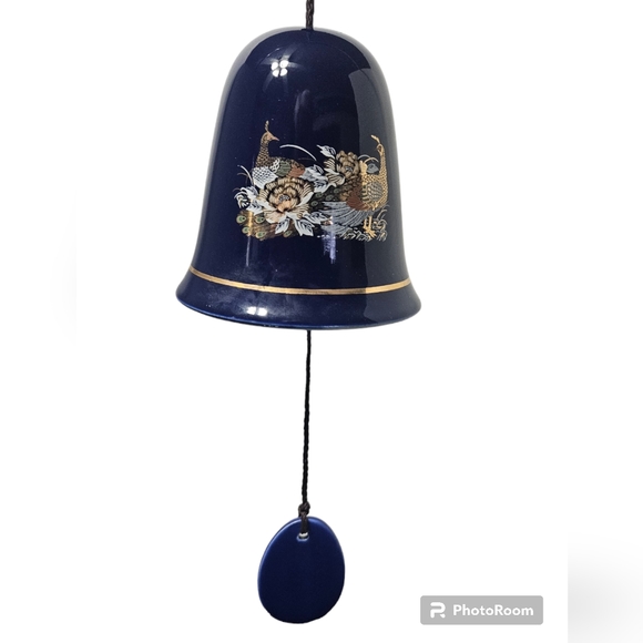 Cobalt Blue Oriental Peacock Design Ceramic 4" Tall Bell Wind Chime - Picture 3 of 11